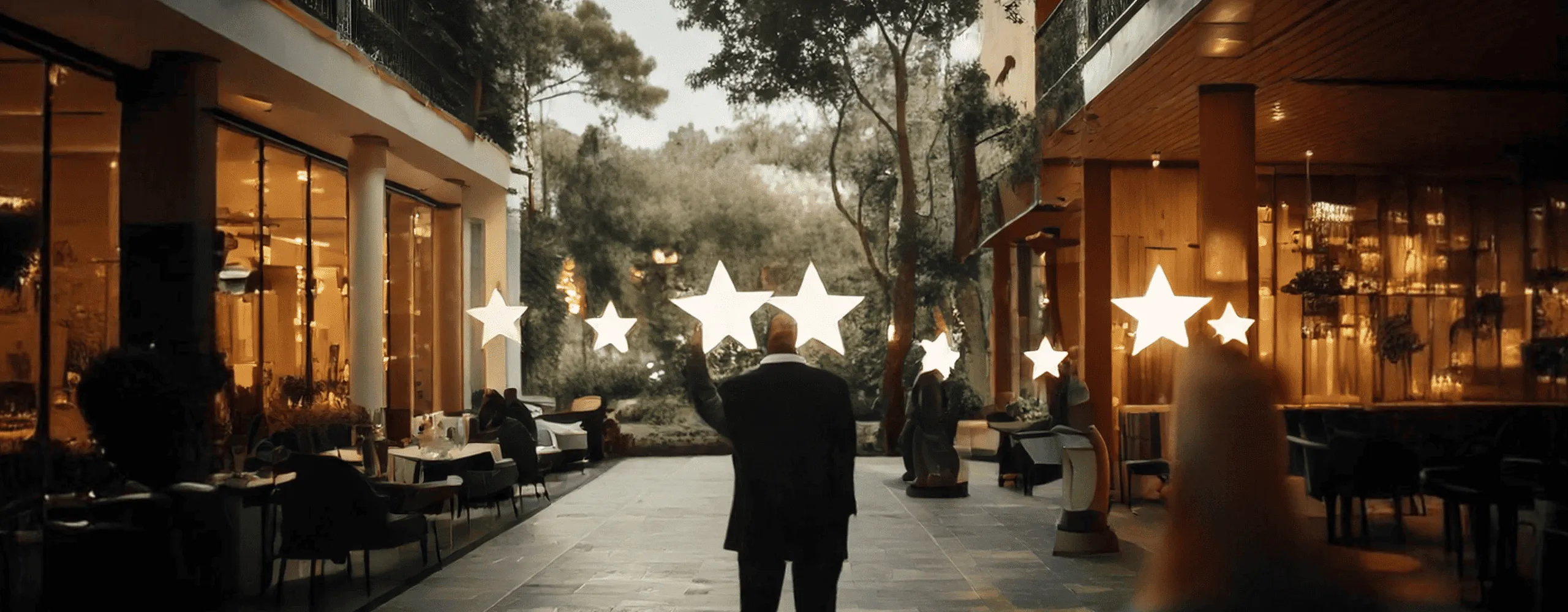 Ilustración: un cliente saluda a unas estrellas luminosas frente a la terraza de un hotel