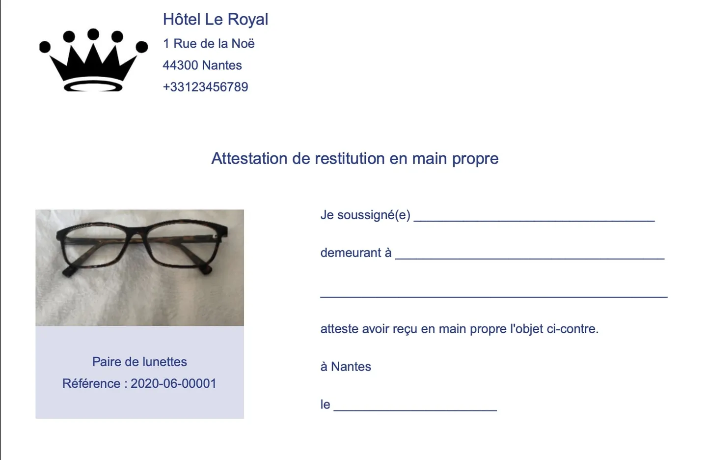 Justificante de entrega en mano generado por PeeK'in (ejemplo en francés): foto y referencia del objeto, identidad del propietario, fecha y firma