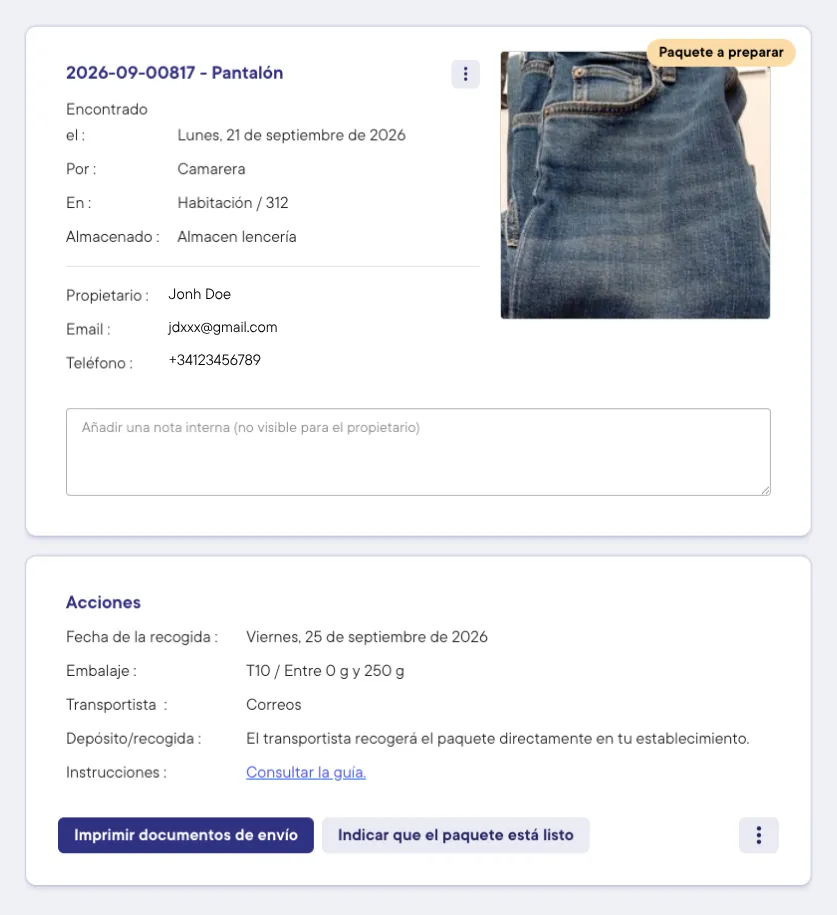 Ficha de un objeto por enviar en PeeK'in: embalaje T10, transportista Correos, recogida en el establecimiento y botón para imprimir los documentos de envío