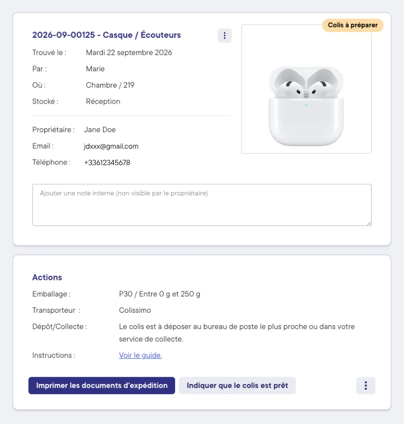 Fiche d'un objet à expédier dans PeeK'in : emballage P30, transporteur Colissimo et bouton « Imprimer les documents d'expédition »