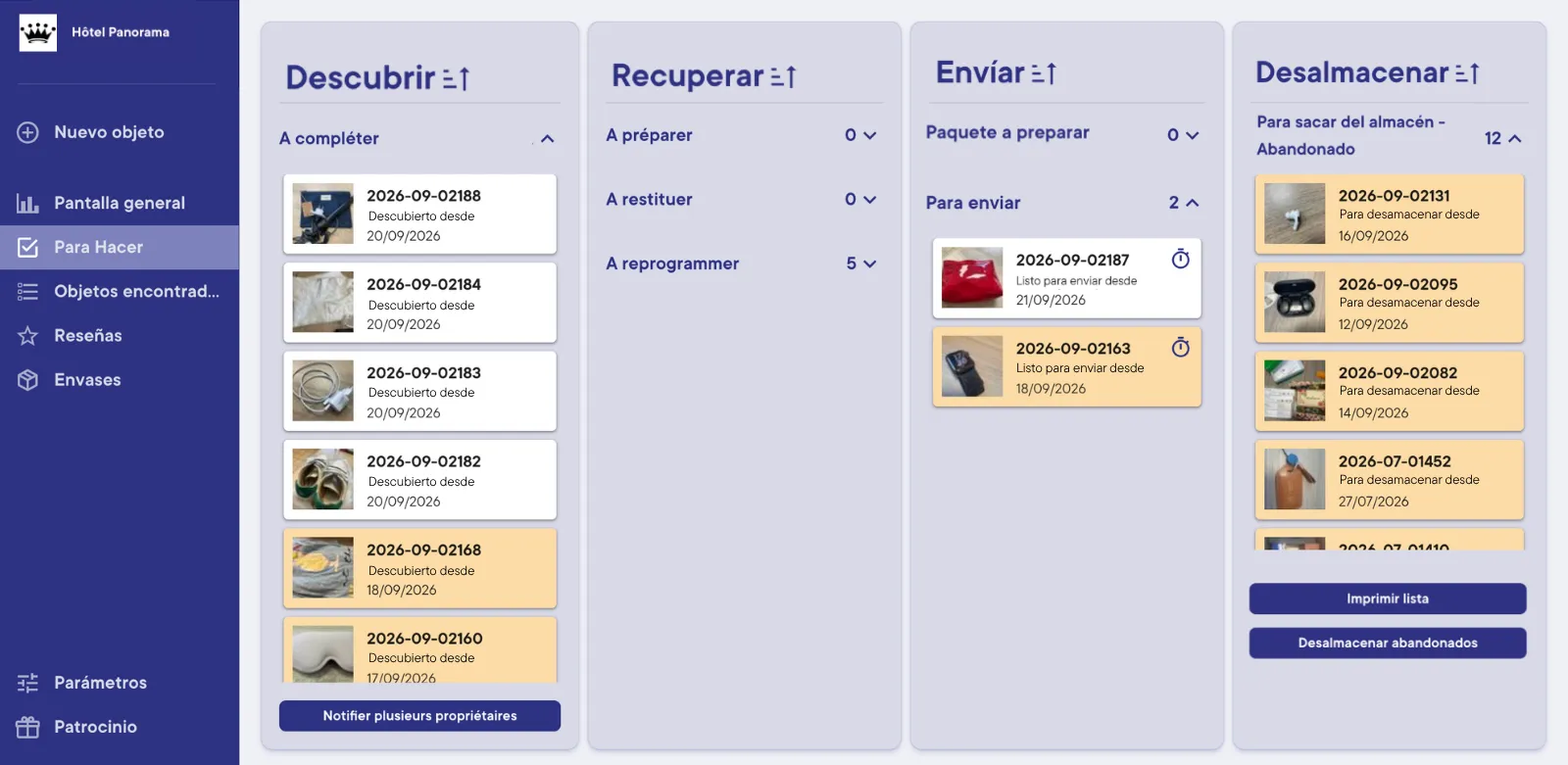ToDo board de PeeK'in: los objetos perdidos clasificados en las columnas Descubrir, Recuperar, Enviar y Desalmacenar