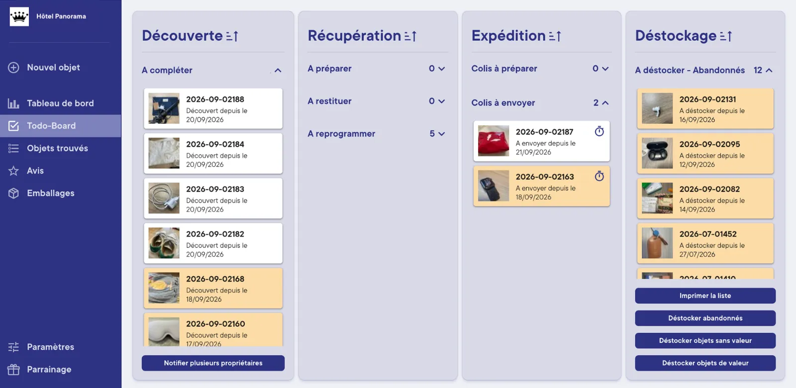 ToDo board PeeK'in : les objets trouvés classés en colonnes Découverte, Récupération, Expédition et Déstockage